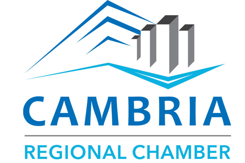 White and blue text that reads Cambria Regional Chamber of Commerce.
