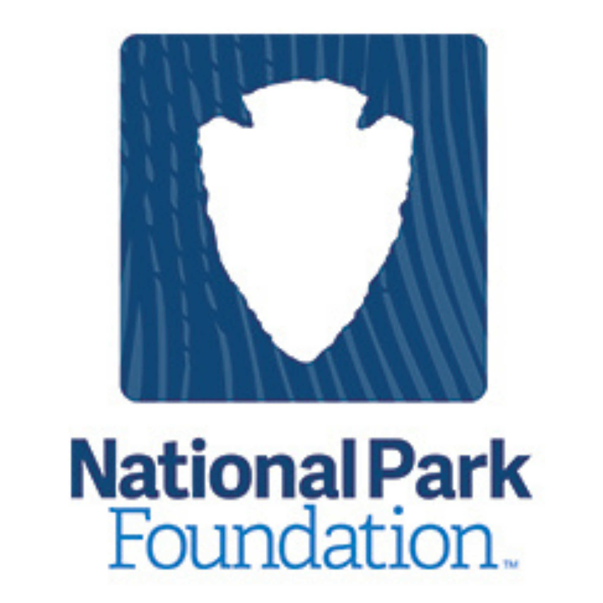 A white and blue logo with text that reads National Park Foundation.