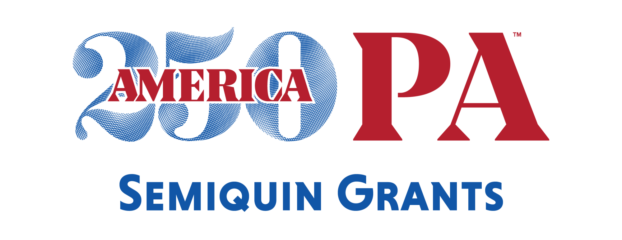 White, red and blue logo with the text, America 250