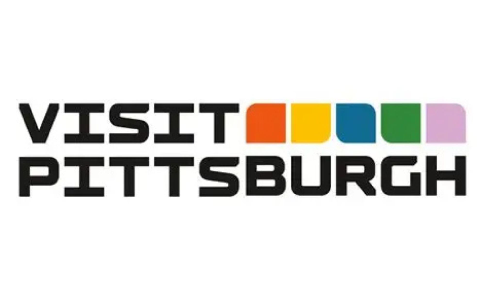 A colorful logo with a white background and black text that reads Visit Pittsburgh.